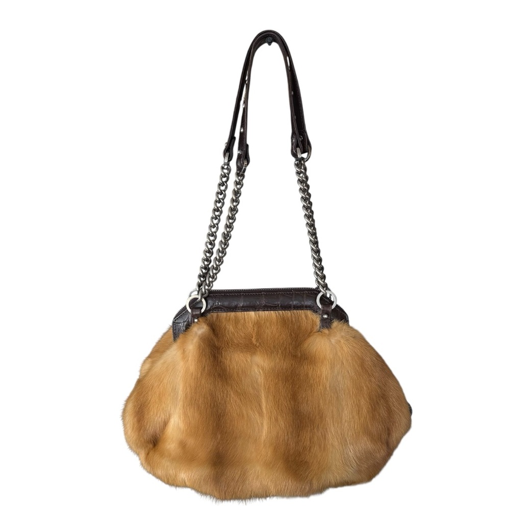 Vintage Italian Fur Brown Leather Handbag GG Firenze Chain Strap 80's